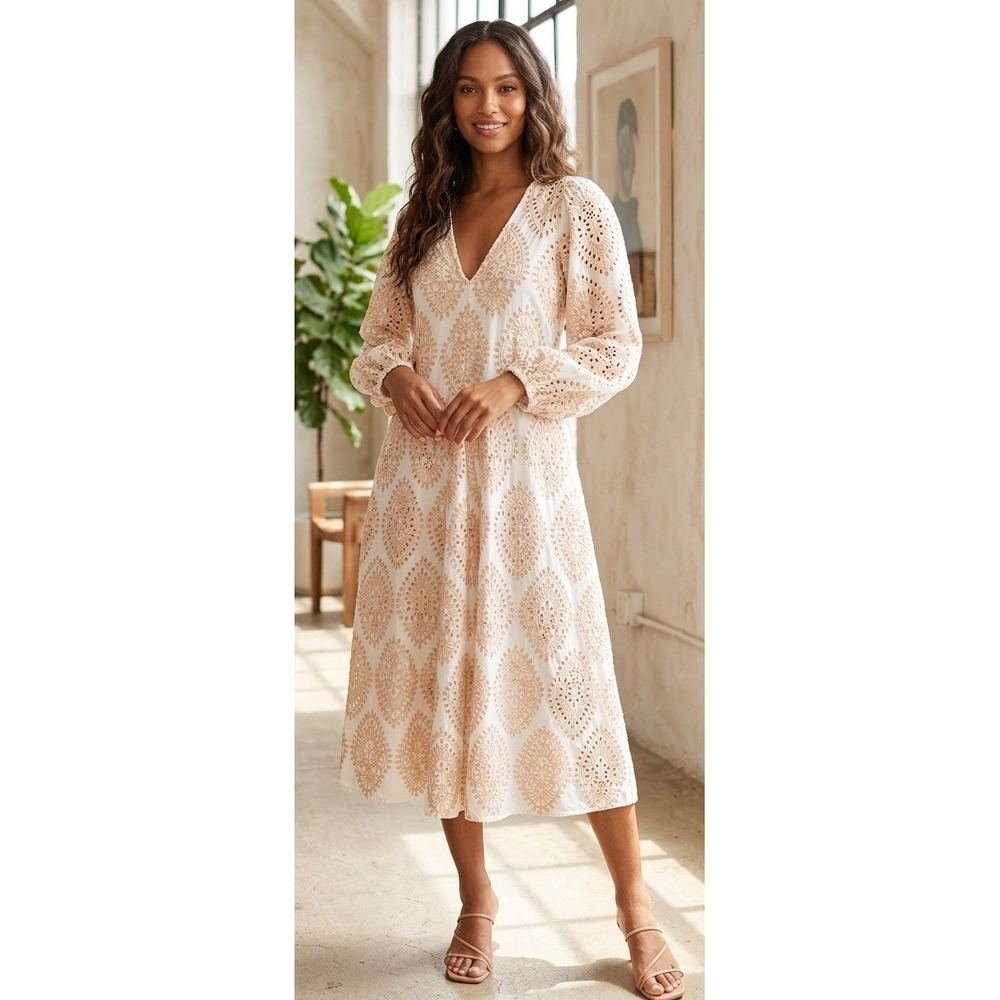 Seed Heritage Womens Cotton Eyelet Midi Dress Tan White V-Neck Balloon Sleeve 8‎